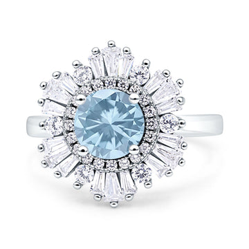 Wholesale Floral Art Deco Round Engagement Ring Simulated Aquamarine CZ 925 Sterling Silver